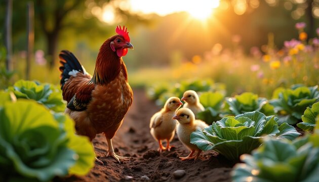 Une poule protectrice guide ses poussins curieux &agrave; travers le potager, s'arr&ecirc;tant devant une belle salade croquante qui attire tous les regards.