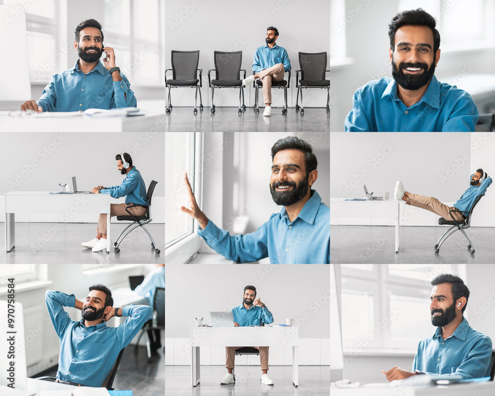 Aufkleber A man with a beard is actively participating in different work-related tasks within a well-lit, contemporary office environment. He displays enthusiasm while on a phone call, working on a computer