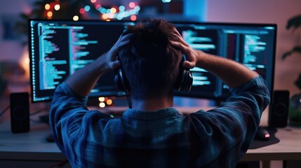 Software developer battling challenges in a high-tech environment at night