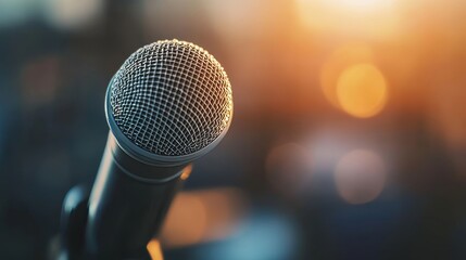 Microphone for press conference speaker report interview concepts or broadcasting public speaking speech presentation stage performance and reporter news with empty copy space background.