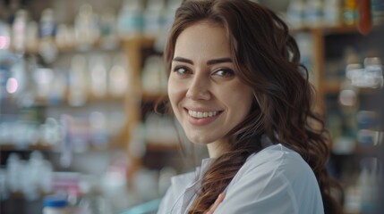 Portrait of young smiling woman, pharmacist at work, with blurred shelves of different medications. Professional occupation