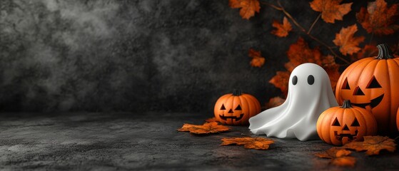 A charming white ghost accompanies a trio of carved pumpkins, beautifully arranged on a pastel dark background, offering a great space for seasonal text or product placement