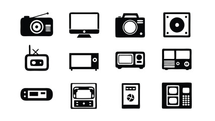 A set of retro style icons featuring a radio, computer monitor, camera, speaker, television, microwave, handheld game console, and a smartphone.