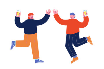 飲み物を持ち、祝日を祝うパーティーを一緒に楽しむ陽気な友人達。笑顔でダンスを踊る幸せな人々。漫画のキャラクターベクターイラスト