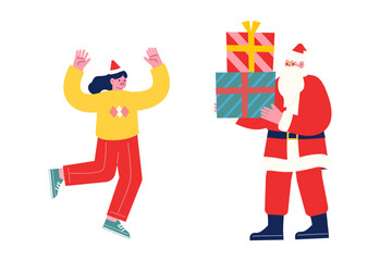クリスマスプレゼントを持って来たサンタクロースを歓迎する女の子。漫画のキャラクターベクターイラスト