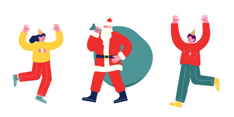 プレゼントを持って来たサンタクロースを歓迎する若者たち。クリスマスを祝うパーティーを一緒に楽しむ陽気な友人達。漫画のキャラクターベクターイラスト