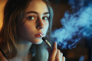 Fototapeta premium Teenage girl using electronic cigarette among clouds of vapor