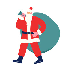 大きな袋をかついでクリスマスプレゼントを持って来たサンタクロース。漫画のキャラクターベクターイラスト
