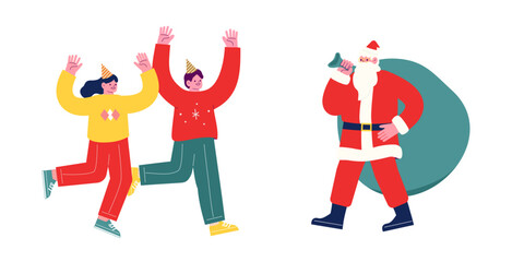 プレゼントを持って来たサンタクロースを歓迎する若者たち。クリスマスを祝うパーティーを一緒に楽しむ陽気な友人達。漫画のキャラクターベクターイラスト