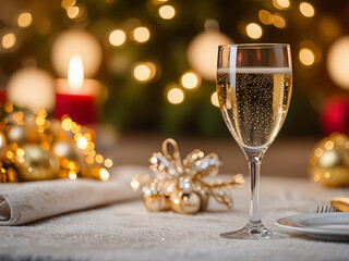 Elegant Christmas Table Setting with a Glass of Champagne and Festive Decorations