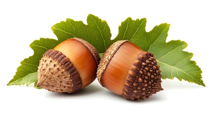 Two Acorns with Green Leaf on a White Background