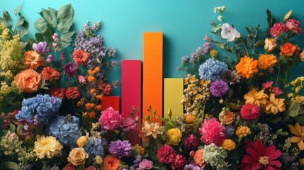 A vibrant bar graph with an upward arrow set against a backdrop of colorful floral arrangements.