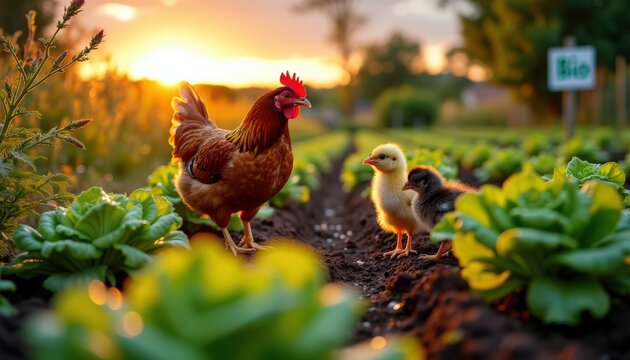 Les poussins suivent leur m&egrave;re &agrave; travers le potager, s&rsquo;arr&ecirc;tant devant une belle salade qui semble tout droit sortie d&rsquo;un tableau gourmand.