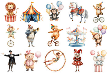 Fototapeta premium Watercolor circus set isolated on transparent background.