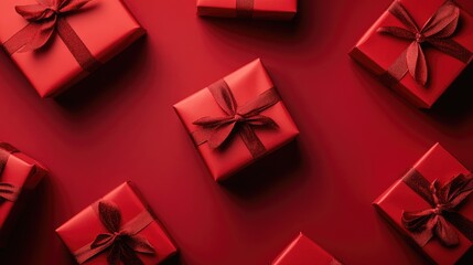 A flat lay of red gift boxes tied with ribbons on a solid red surface, perfect for holiday or celebration themes.