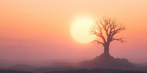 dead tree on lone landscape with big sun on orange sky on background