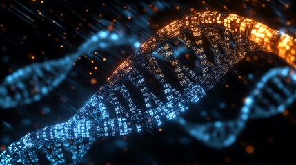 A digital representation of a DNA strand with binary code and data streams, highlighting the intersection of genetics and technology in a futuristic style