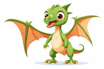 Fototapeta premium Cartoon Green Dragon with Orange Wings Standing on White Background