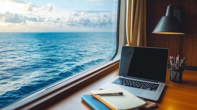 Cruise ship cabin desk with a travel journal and a laptop, facing the calm waves of the sea outside the window, vacation and working concept.