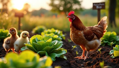Fototapeta premium Une poule attentive guide ses poussins curieux à travers le potager, où une belle salade verte appétissante pousse fièrement sous le soleil d'été.