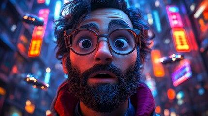 Surprised Cartoon Character in Futuristic City Generative AI