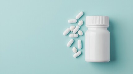 Open supplement bottle with pills arranged neatly on a soft blue background, minimalist aesthetic, top view