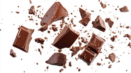 Levitating milk chocolate chunks isolated on white background. Broken chocolate bar pieces and cocoa crumbs explotion on white background. Chocolate collection