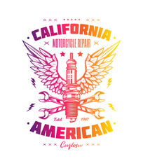 Retro poster. Spark plug and wrenches against the background of wings. Original vector illustration in vintage style. T-shirt design.