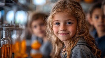 Smiling girl in science lab blurred background Generative AI