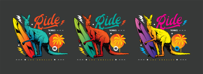 Kangaroo with a surfboard against the background of palm trees and sunset. Original vector illustration in vintage style. T-shirt design.