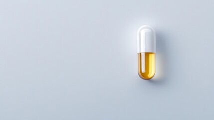 Single vitamin capsule placed in the center of a white background, minimalist and clean design, top view