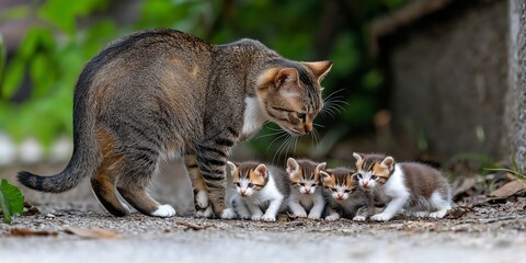 Obraz premium A mother cat and her four kittens are playing together. The mother cat is looking at the kittens, and they are all standing close to each other. The scene is warm and playful