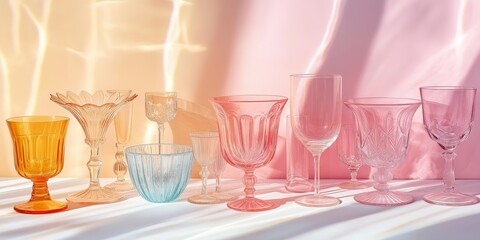 A row of colorful glasses and bowls are displayed on a table. The colors are bright and cheerful, creating a lively and inviting atmosphere