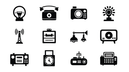 Generate a set of vintage technology icons depicting a rotary phone, a radio, a television, a camera, a light bulb, a microphone, a clock, a scale, and a typewriter.