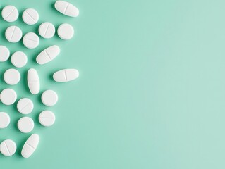 Flatlay of scattered vitamin C tablets on a pastel green background, minimalist aesthetic, soft lighting, top view