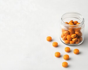 Flatlay of vitamin C tablets in a glass container, arranged on a white surface, minimalist style, subtle shadows, top view