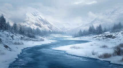 Fototapeta premium A frozen river winding through a snow-covered valley, creating a tranquil winter scene.