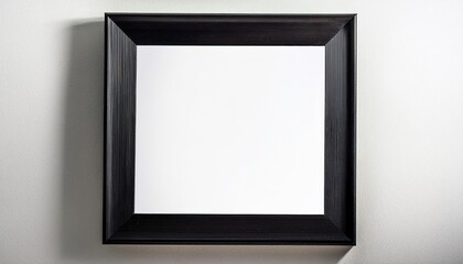 Minimalist Black Wooden Frame on White Wall. Isolated Blank Canvas or Mirror with Clean, Elegant Design, Contrasting Dark Border, and Sleek, Modern Style for Art, Photography, or Home Decor Concepts