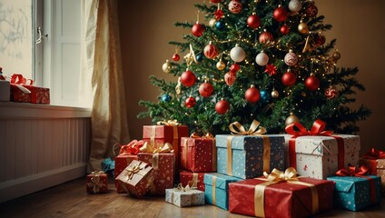 Lovely christmas tree with beautifuly packed presents boxes under it