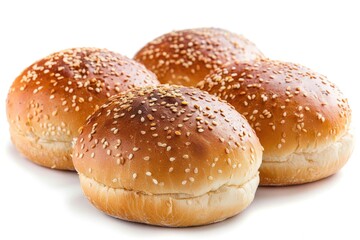 Three sesame seed buns on a white background