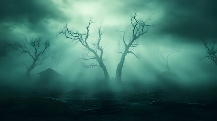 Dystopian forest scene, homes destroyed by fallen trees, thick mist and dark shadows, monochromatic color scheme, dramatic lighting, digital painting