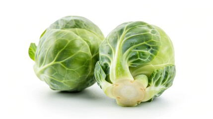 Fototapeta premium Two heads of cabbage on a white surface, great for food or gardening use