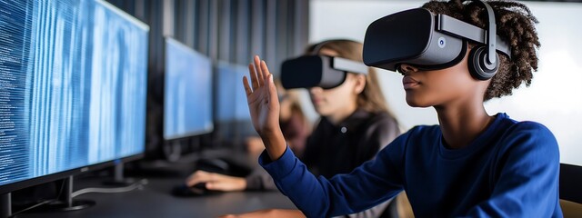 High school students using virtual reality headset in class