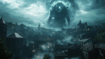 Obraz premium Enigmatic Cosmic Presence Over Ancient Dark Village Shrouded in Mist