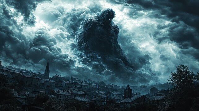 Desolate village with eerie shadows as a massive otherworldly god dominates the landscape under swirling dark clouds