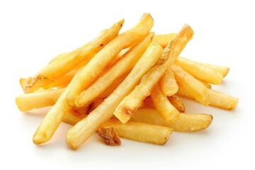 A stack of crispy French fries on a clean white surface, ideal for food photography or still life compositions