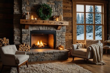 Warm cozy fireplace with real wood burning in it. Cozy winter concept. Christmas and travel background with space for your text