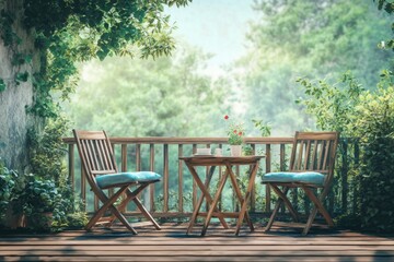 Obraz premium Outdoor furniture on wooden balcony surrounded by plants.