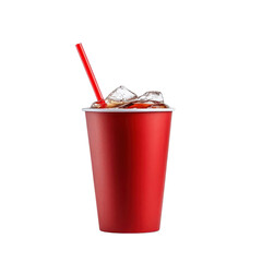 A vibrant red cup filled with chilled beverage and ice, ideal for summer refreshment and fast-food imagery.