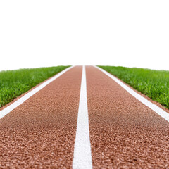 Obraz premium An empty running track stretches forward surrounded by lush green grass, inviting athletes to achieve their goals.